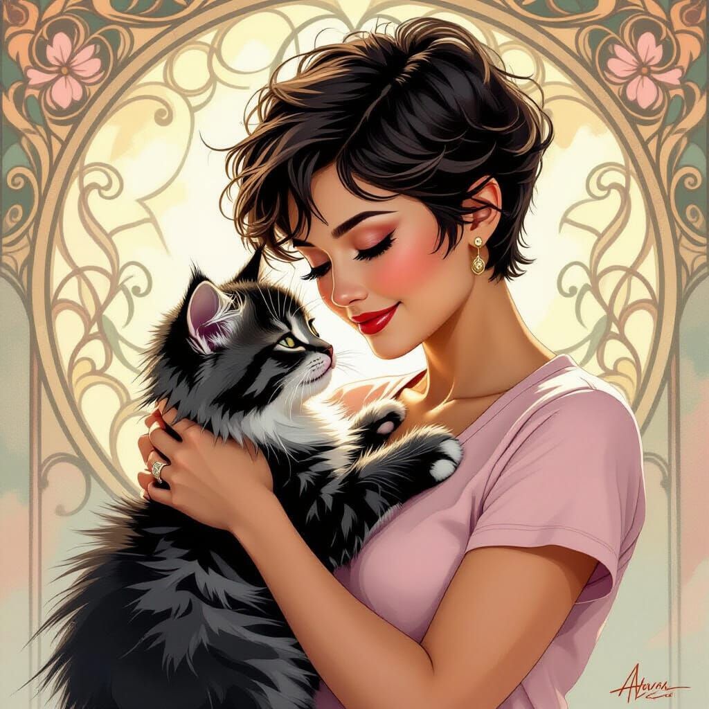 Woman Hugs Fluffy Persian Kitten in Whimsical Style