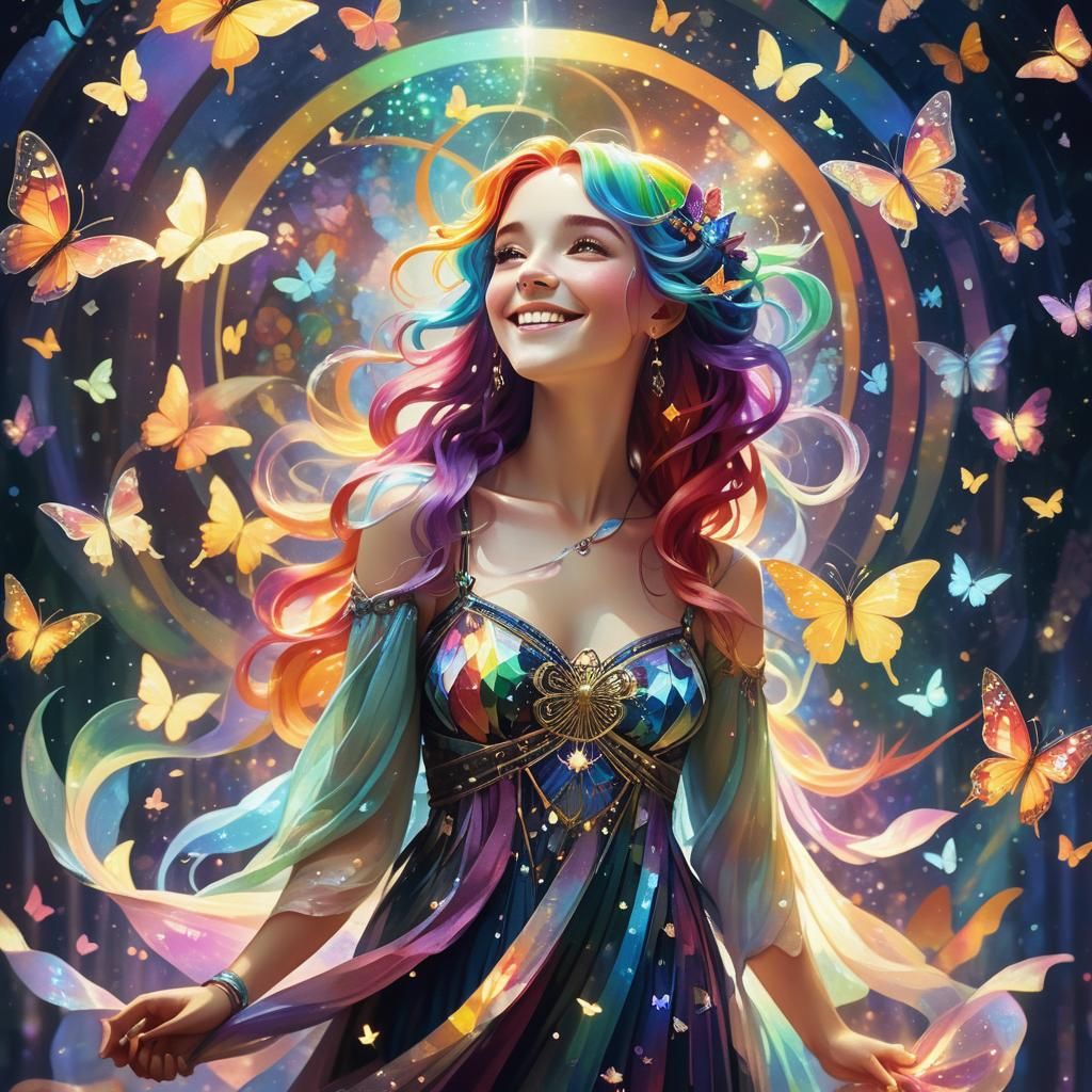 Enchanting Rainbow Woman Surrounded by Butterflies