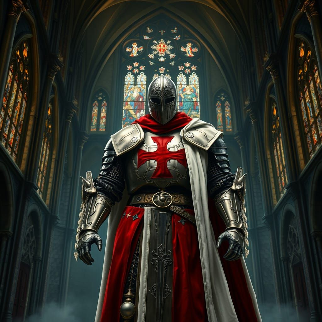 Medieval Knight in Ornate Armor, Standing Heroically in a Gr...