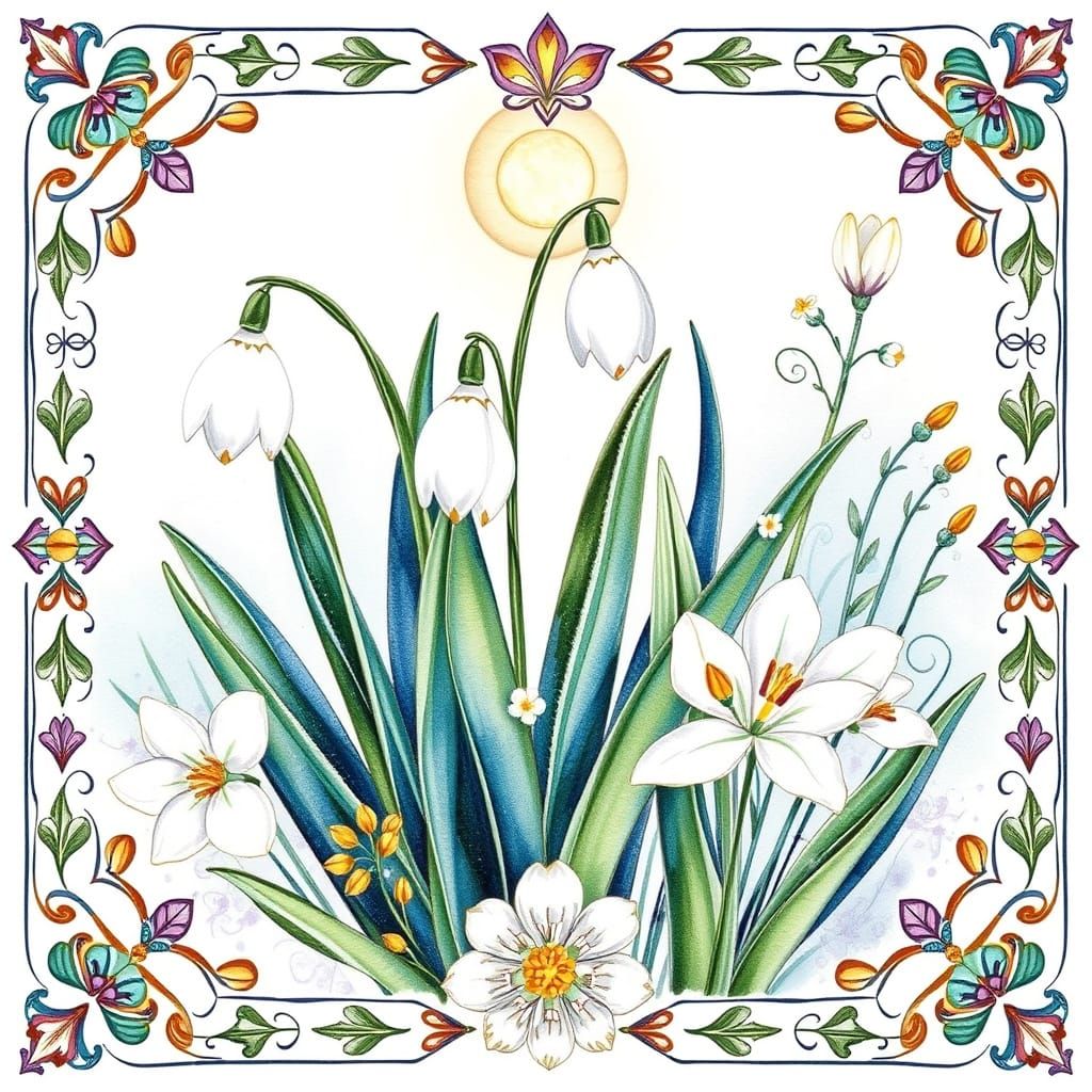 Spring Flowers Decorative Arrangement in Folk Art Style