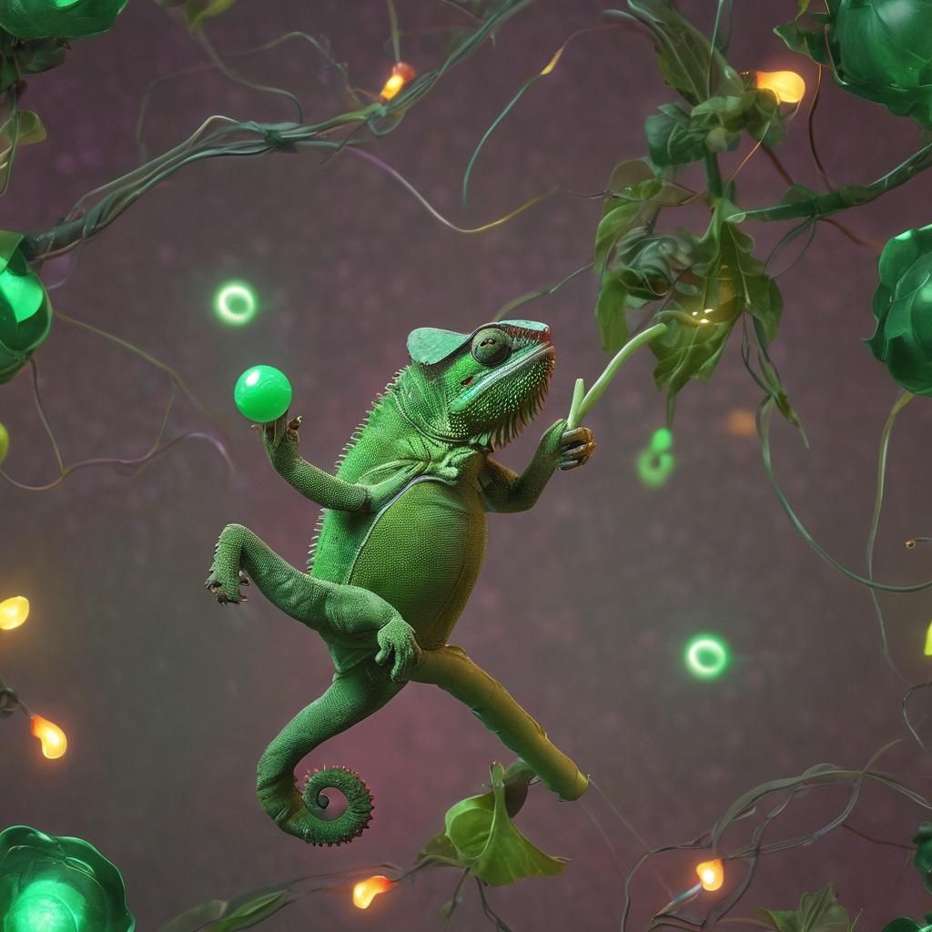 Green Chameleon on Green Planet in 3D Digital Art
