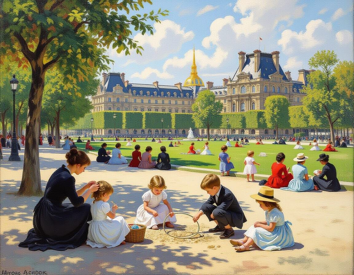 Children and Caregivers Enjoying a Sunny Day in a Parisian P...