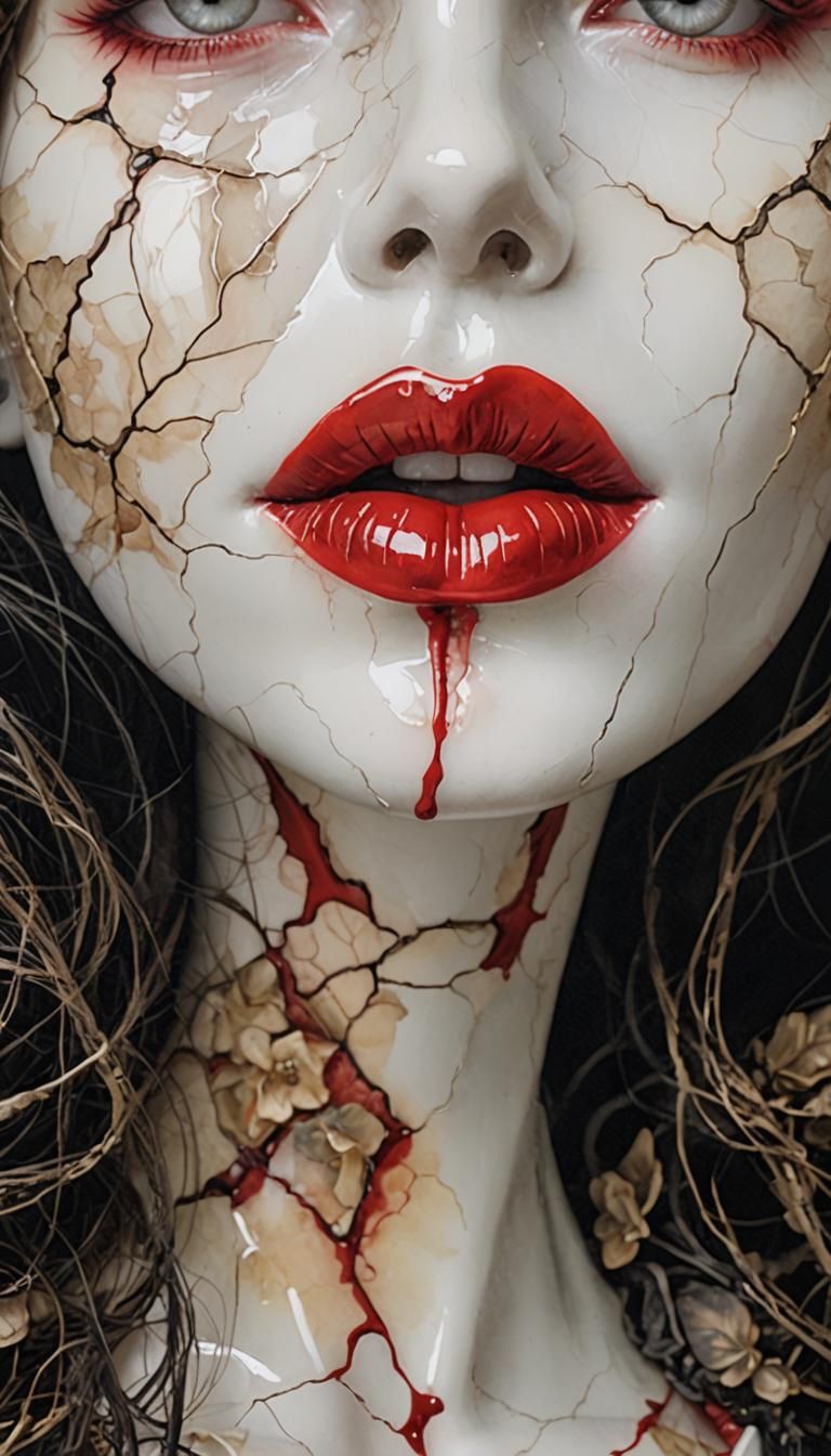 Macabre Beauty: Red Lips on Cracked Porcelain Doll