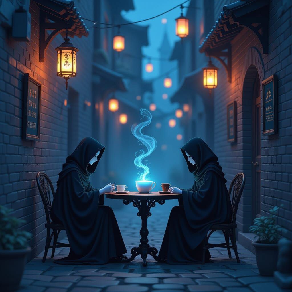 Magical Alleyway Cafe with Cloaked Figure and Glowing Tea