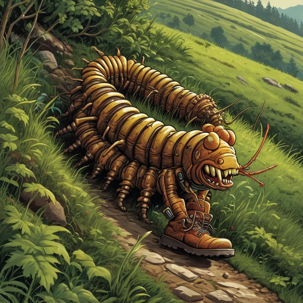 Cartoon Centipede Hiking Up Grassy Hill
