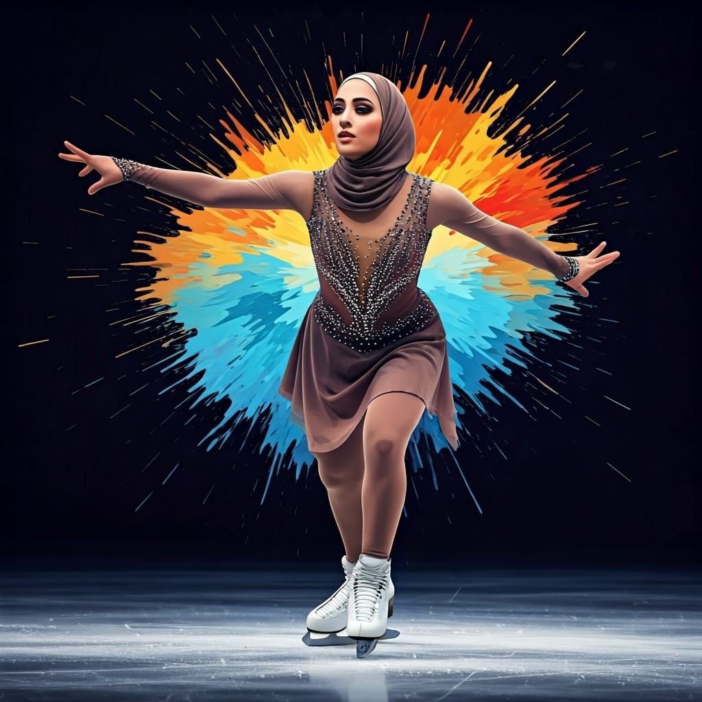 Egyptian Figure Skater in Hijab with Paint Splash Background