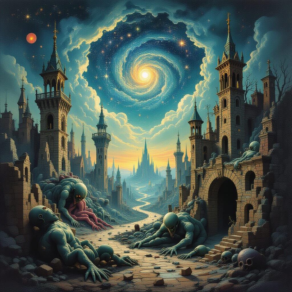 Cosmic Horror Landscape in Bosch and Lovecraft Style