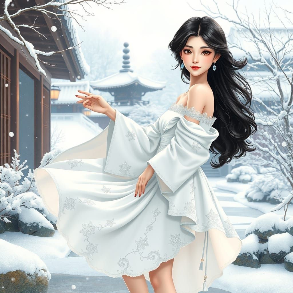 Elegant Fantasy Japanese Goddess in Snowy Garden