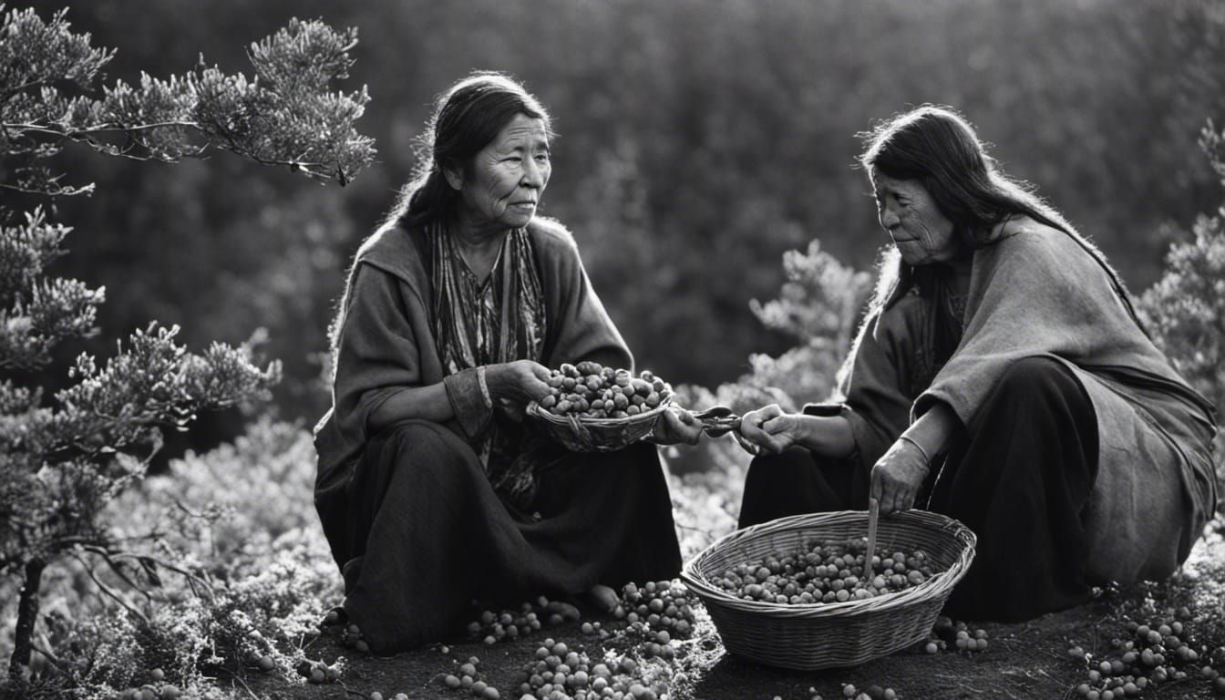 Native American Woman Picking Berries, Black and White Photo...