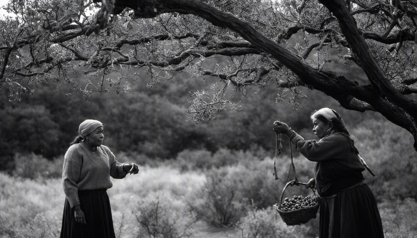 Native American Woman Gathering Berries: Black and White Pho...