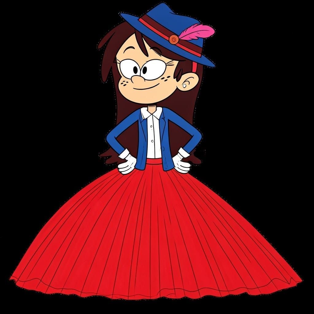 The Loud House cartoon style: Tween Sid Chang. She is wearing a floor length bright red tulle ball gown. She wears a roy...