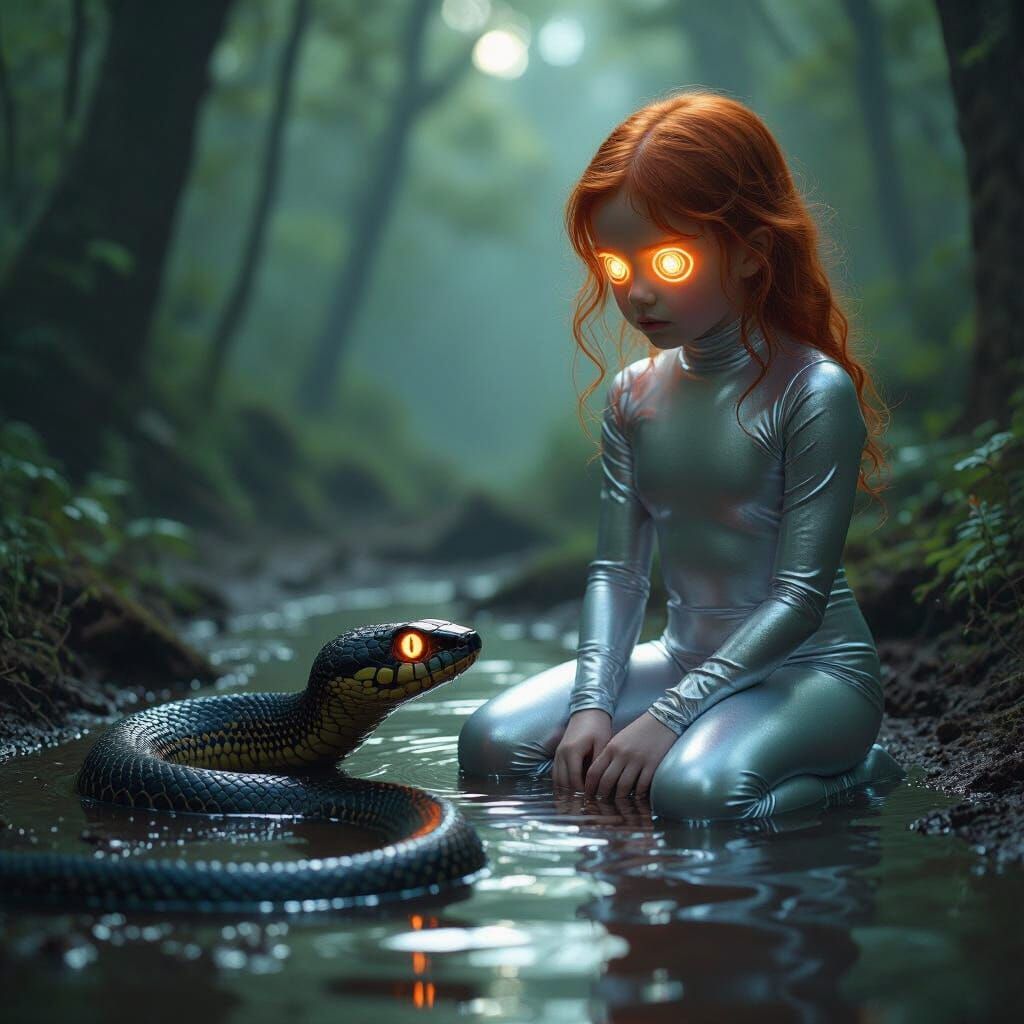 Redhead Girl Hypnotized by Snake in Mystical Forest
