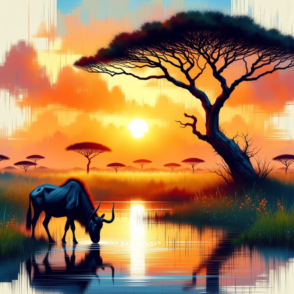 Wildebeest Drinks Water in a Sultry Swamp Sunset