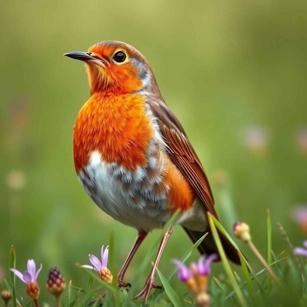 Proud Robin in Meadow, Audubon-Style Illustration