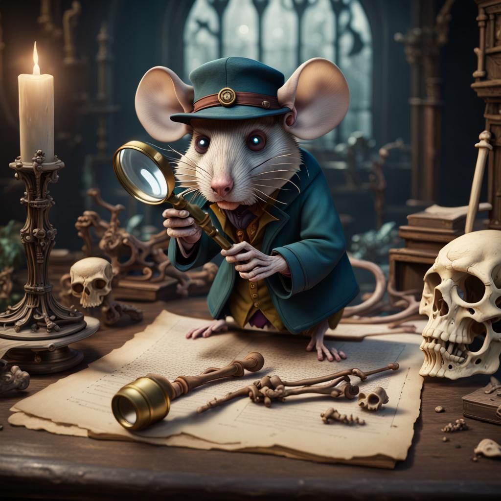 Mouse Detective Examines Bones: Detailed Matte Painting