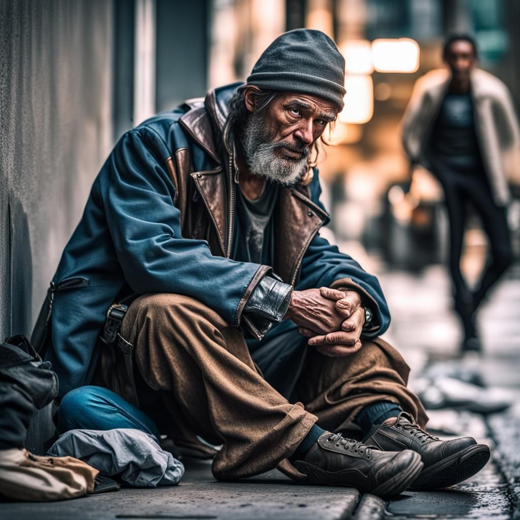 Cyberpunk Homeless Man Begging on City Sidewalk