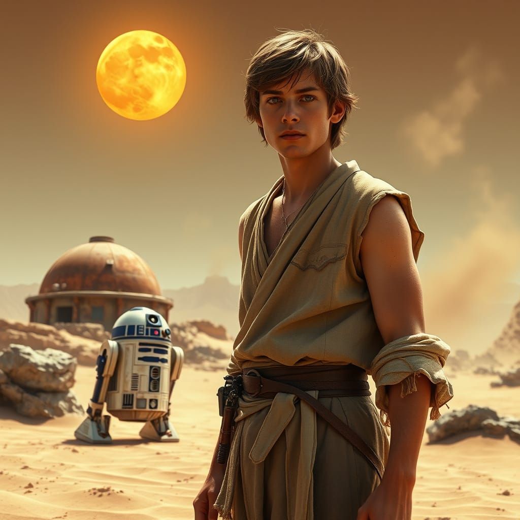 Young Luke Skywalker Amidst Tatooine's Arid Landscape