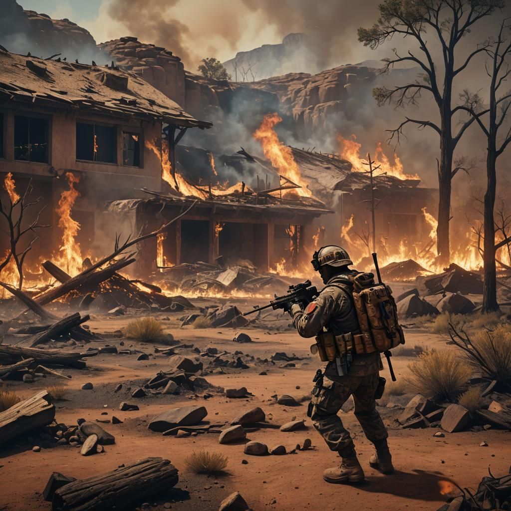 Army Soldier Battles Wildfire: Detailed Matte Painting