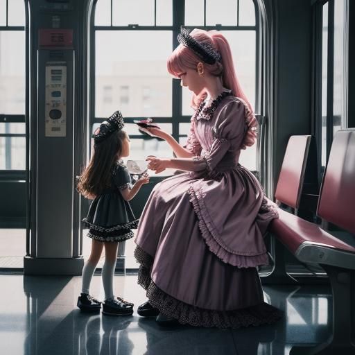 Pink Sissymaid Meets Little Girl at Bus Station