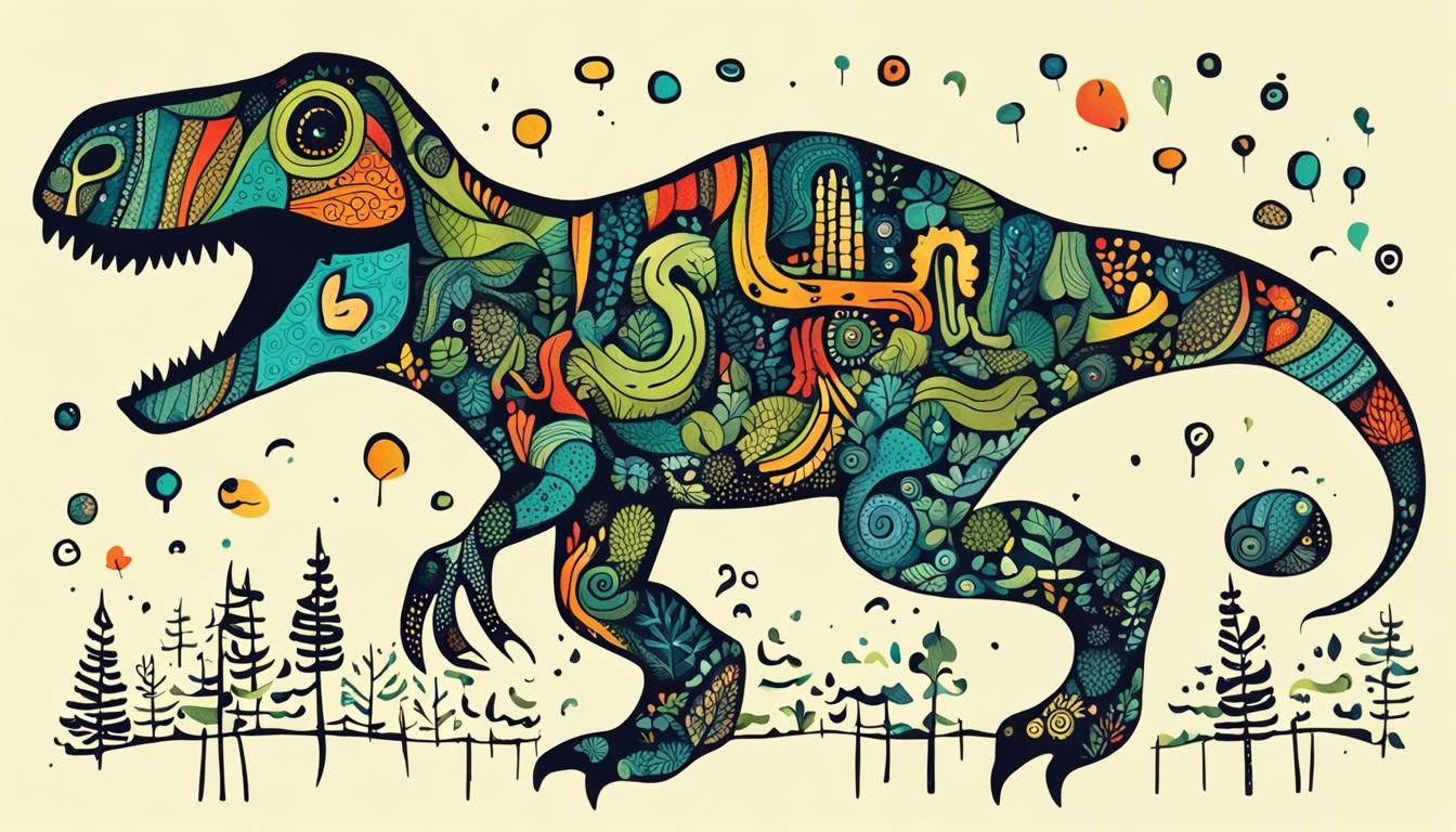 Happy T-Rex in Forest: Zentangle Ink Illustration