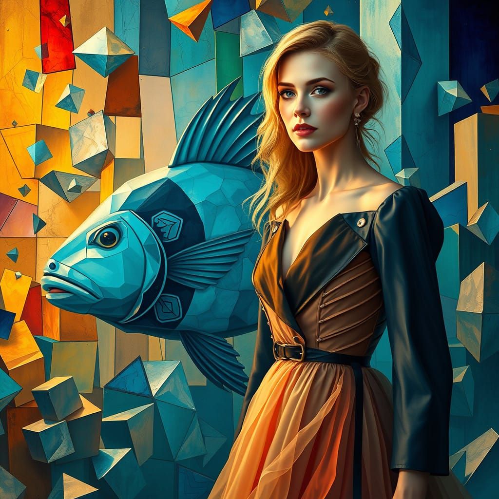 Cubist Dreamscape: Radiant Woman and Celestial Fish