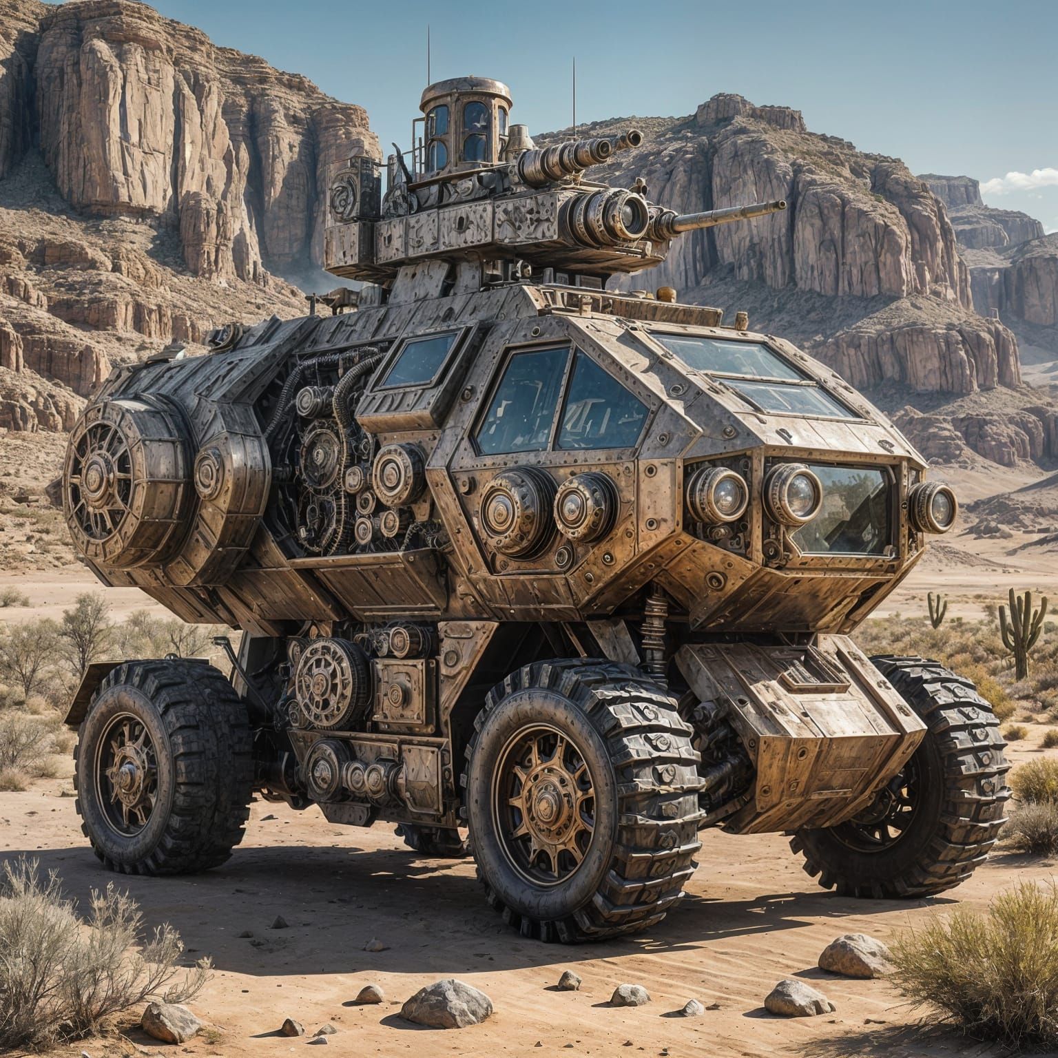 Steampunk Armored Vehicle in Desert Landscape
