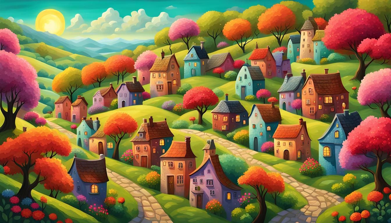 Idyllic Village Scene in Whimsical Folk Art Style