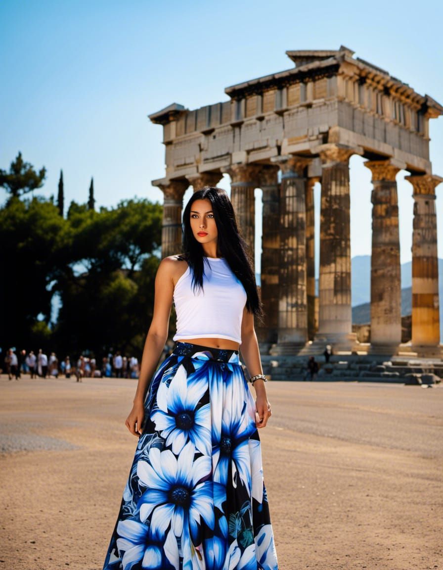 Girl Posing by Greek Monument in Graffiti Art Style