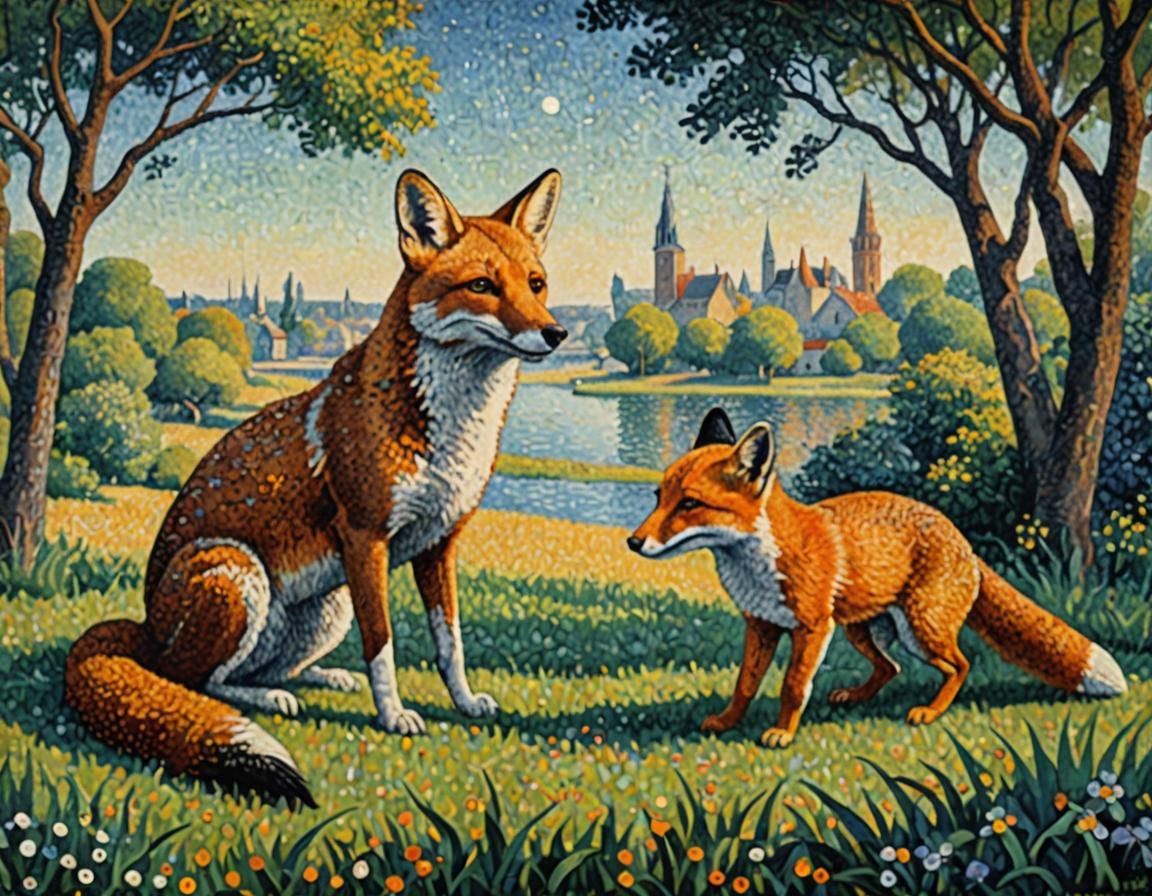 Pointillist Masterpiece of Fox and Mouse