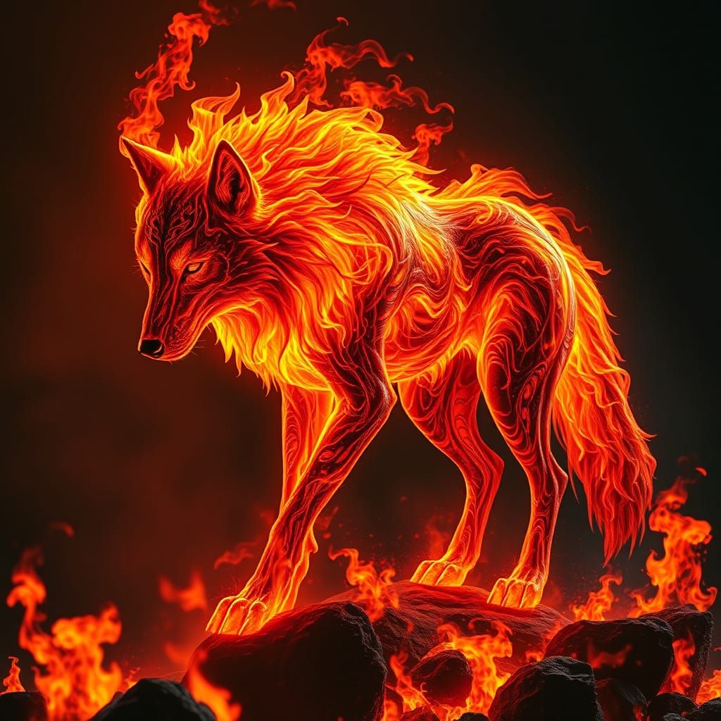 Fiery Wolf in a Dreamscape of Flames