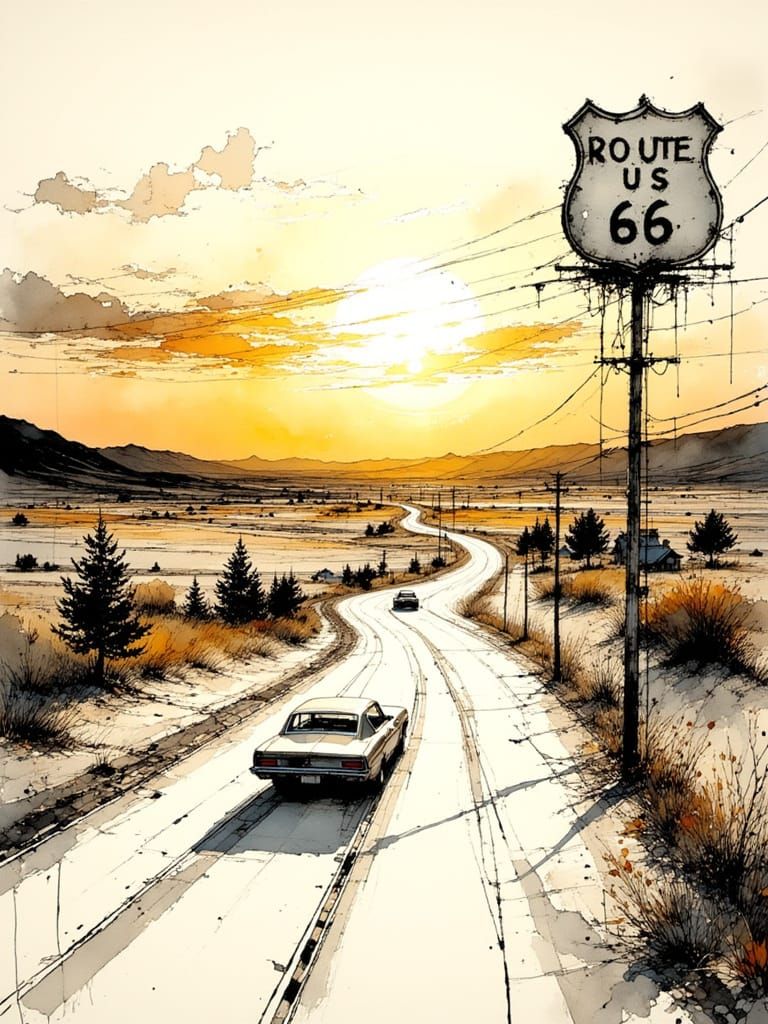 Route 66 in Golden Hour Ink Wash Style