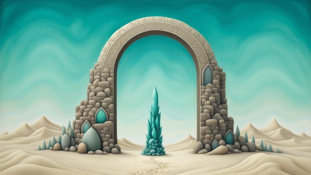 Ancient Desert Archway With Crystal, Hyperrealistic Style