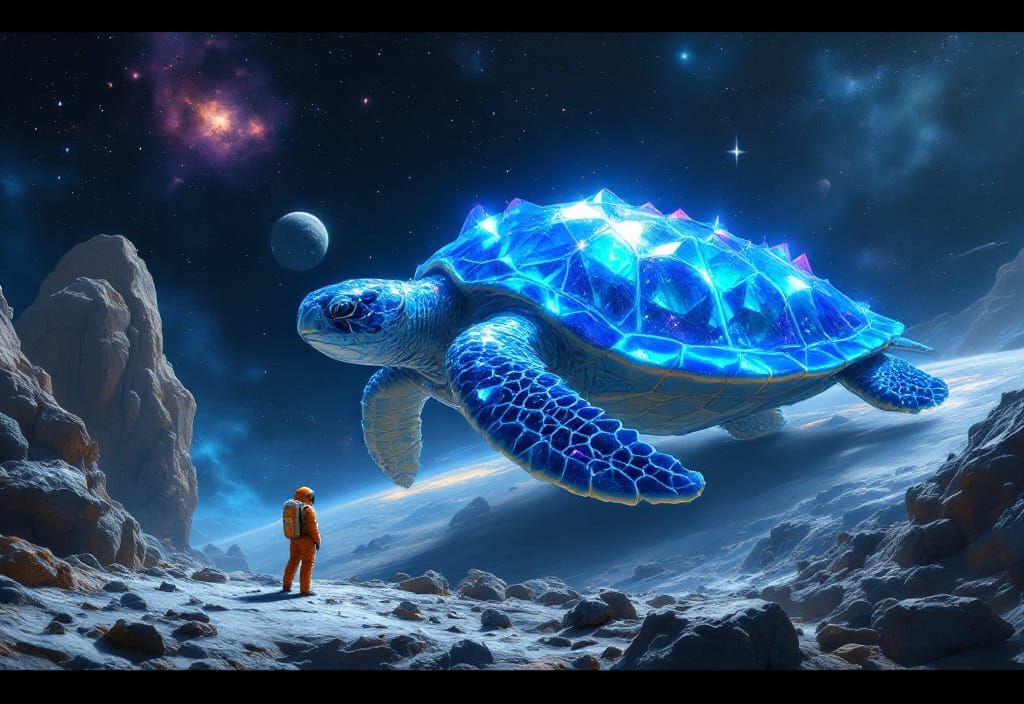 Astronaut and Sapphire Turtle in Space, Digital Art
