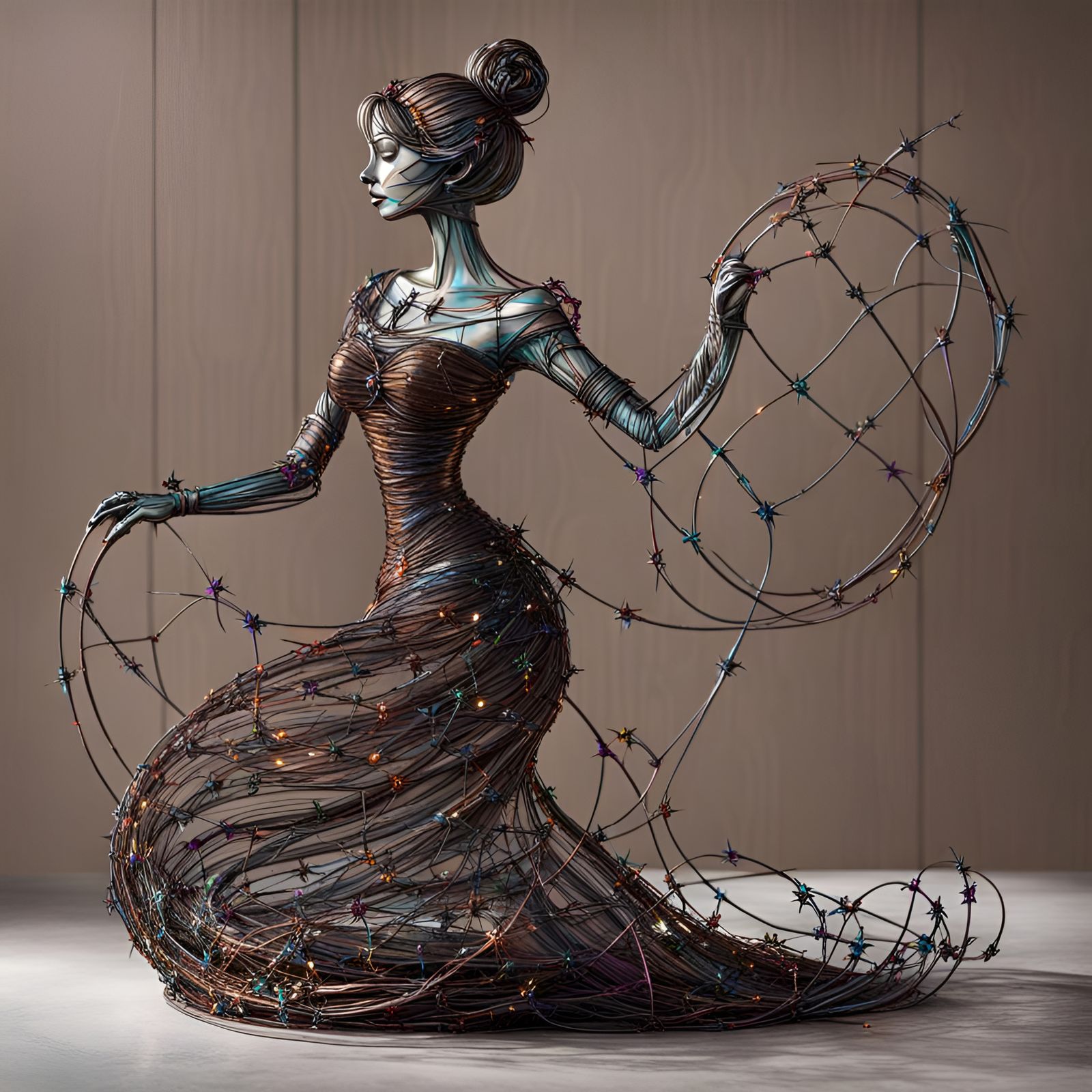 Iridescent Barbed Wire Cinderella Sculpture in Castle Tower