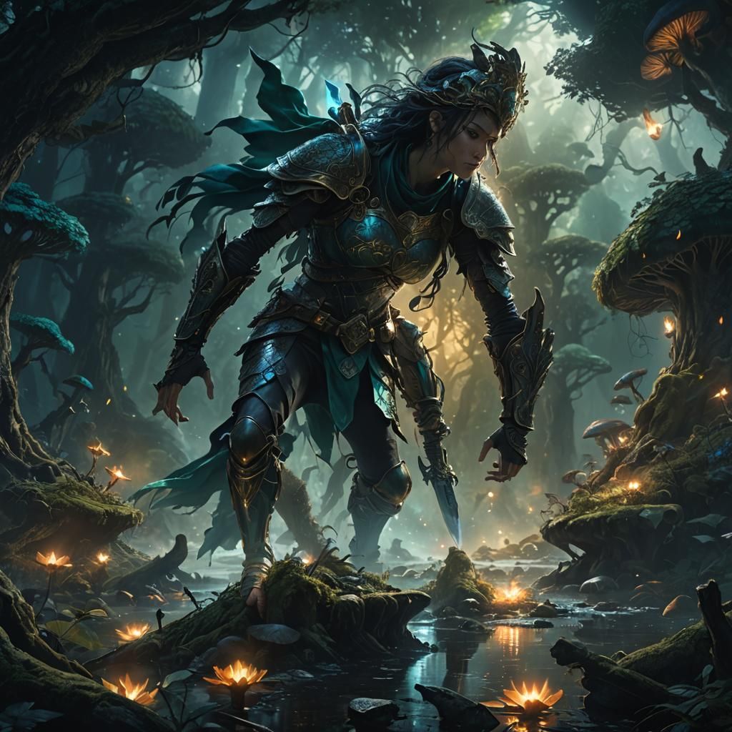 Heroic Warrior in Mystical Forest, Kentaro Miura Style