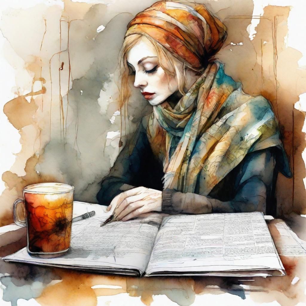 Elegant Woman with Coffee: Expressionist Watercolor Sketch