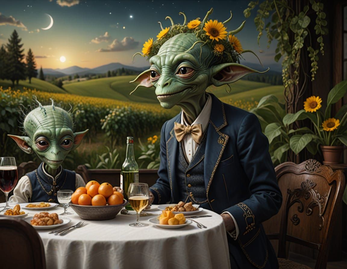 Surreal Alien Feast in Magical Restaurant Photography