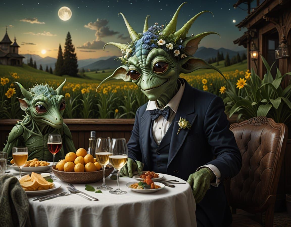 Surreal Alien Feast in Magical Restaurant Photography