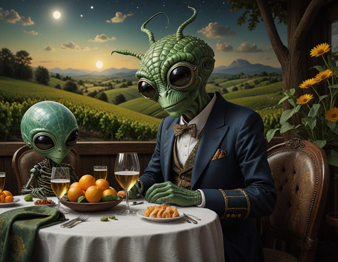 Surreal Alien Celebration in Ethereal Restaurant Photography