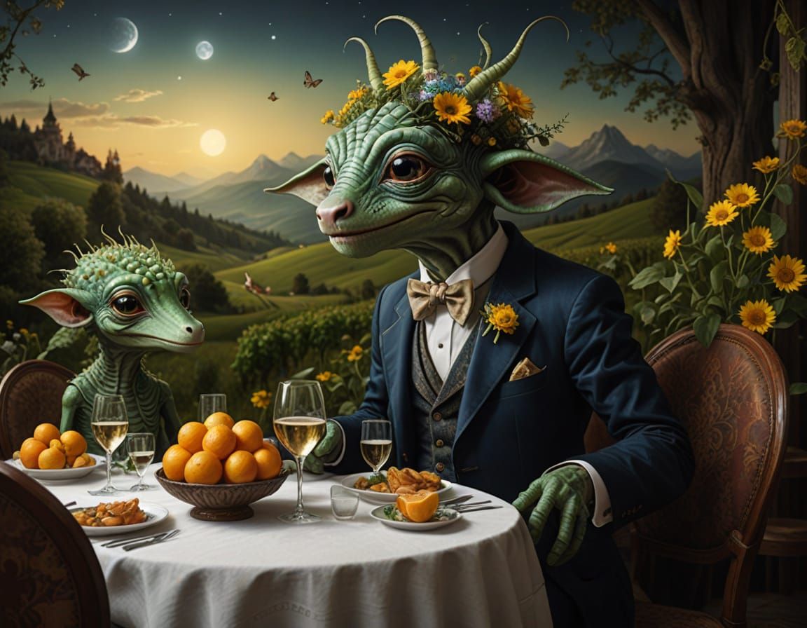 Surreal Alien Restaurant Celebration in Photorealistic Style