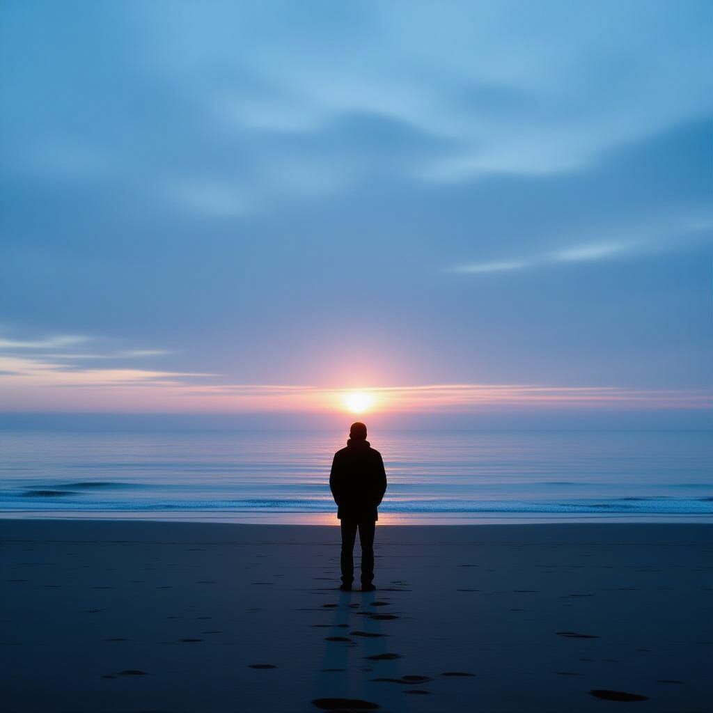 Solitary Figure Gazes at Calm Sea at Twilight