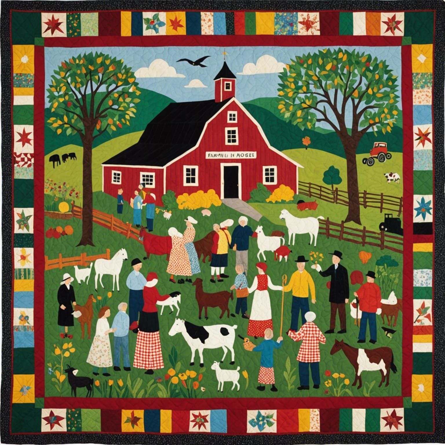 Farm Family Reunion Quilt in Folk Art Style