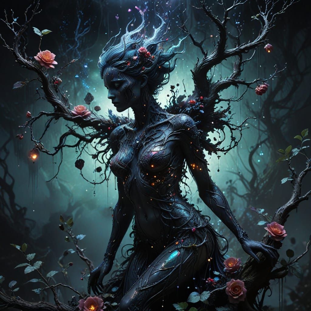 Astral Phoenix in Creepy Garden: Hyper-Realistic Mixed Media