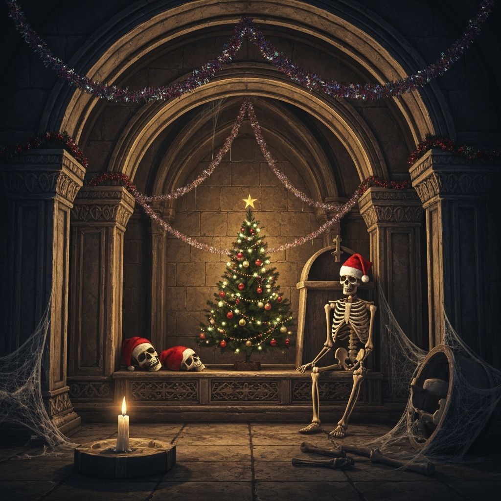 Skeleton Santa in Christmas Crypt Dark Fantasy Art