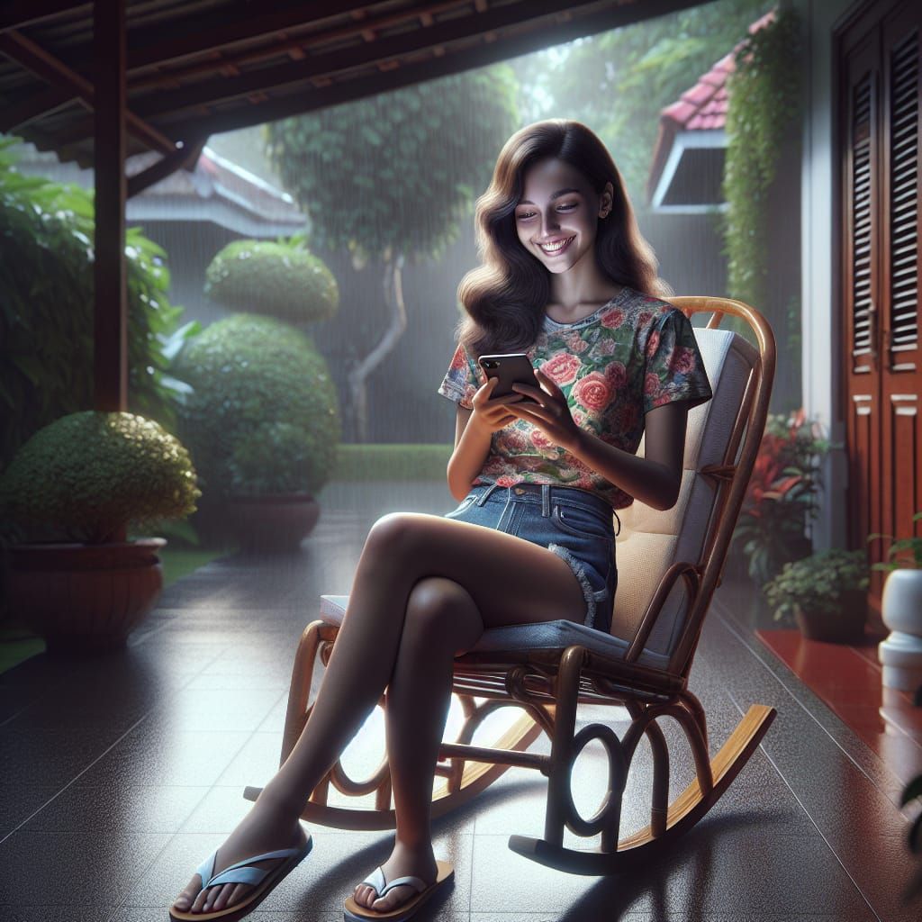 Indonesian Girl on Terrace in Light Rain