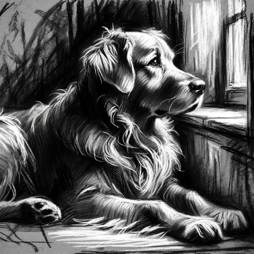 Weary Golden Retriever Gazes Hopefuly Out Window Charcoal Sk...