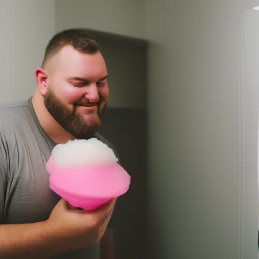 Happy large man eating cotton candy in the closet