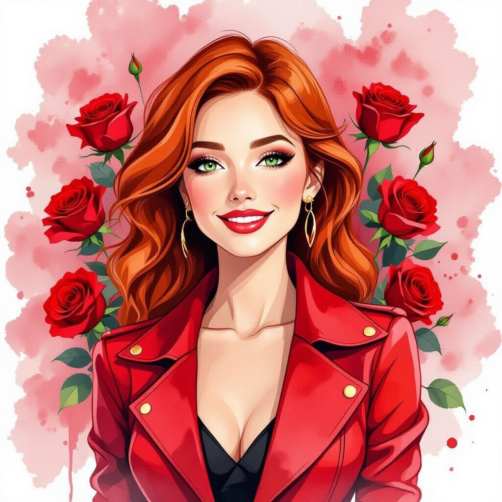 Red Haired Woman in Red Roses, Alcohol Ink Splatter Style
