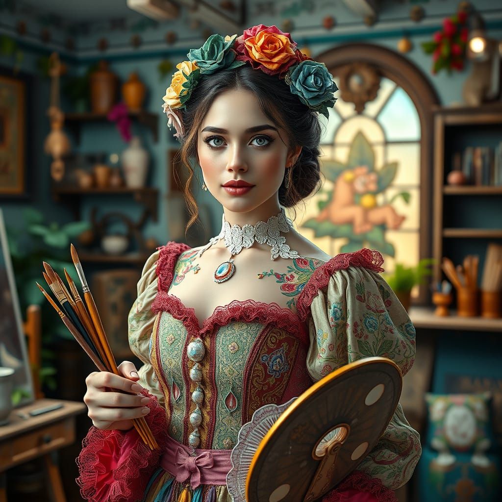 Victorian Painter in Lush Studio, 3D Cinematic Style