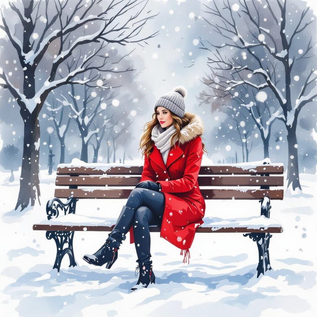 Filigree Woman in Red Suit on Snowy Park Bench